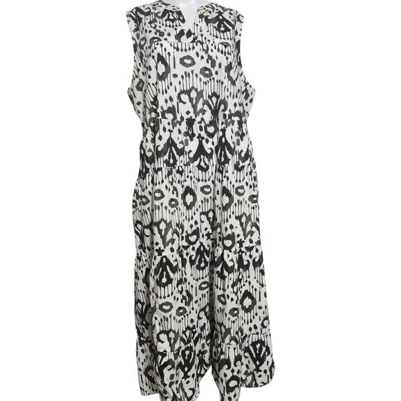Chico's (16) Green & White Ikat Tiered V-Neck Maxi Dress W/ Pockets - Picture 6 of 9